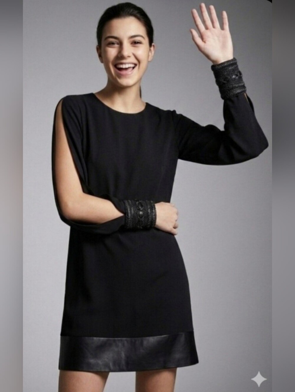 Bailey 44 Mini Layered Sheath Dress Long Sleeves Vegan Leather / Sz S / Black